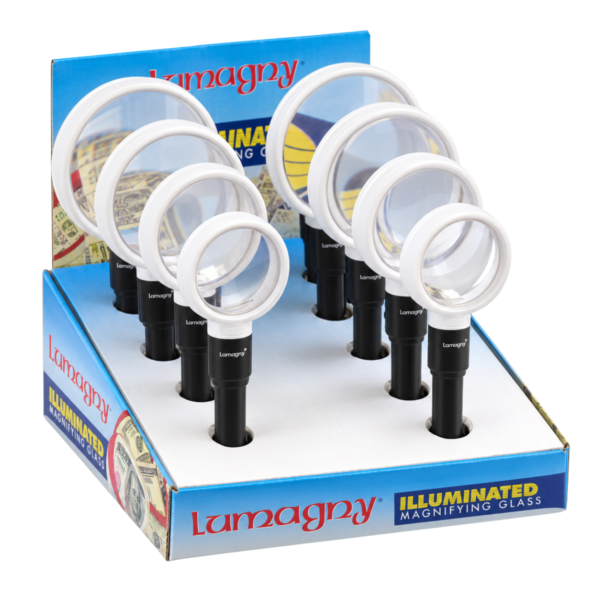 8-Piece Handheld Magnifier Display Set – 4 Lens Sizes: 2", 2.5", 3" & 3.5" – Glass Lenses with 2X/4X and 2.5X/5X Magnification – Countertop Retail Display – MP-28275