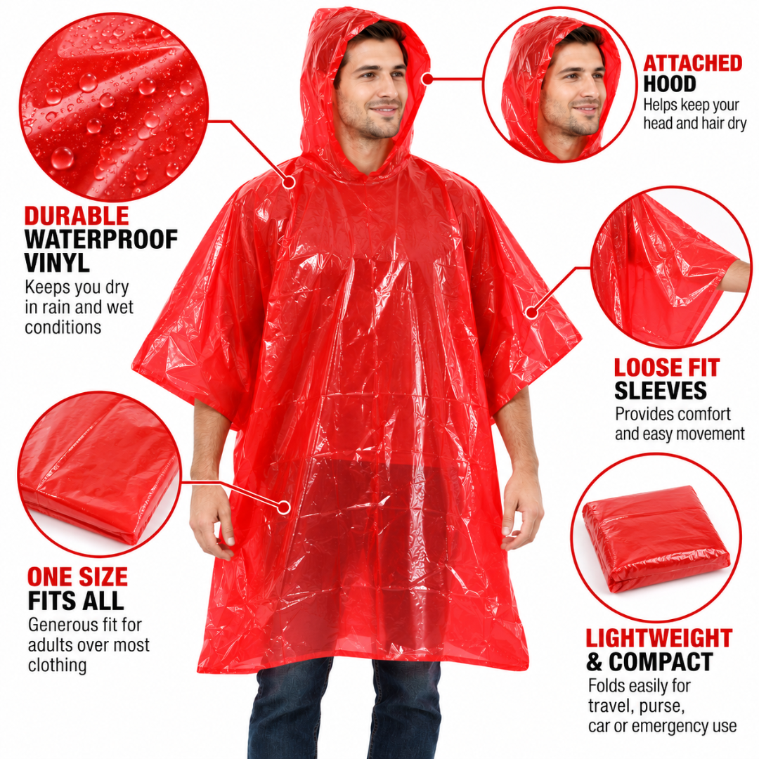 Adult Waterproof Rain Poncho with Hood – Durable Red Vinyl, Lightweight, Compact & Portable, One Size Fits Most, Emergency Rain Gear for Travel, Camping, Hiking & Outdoor Events