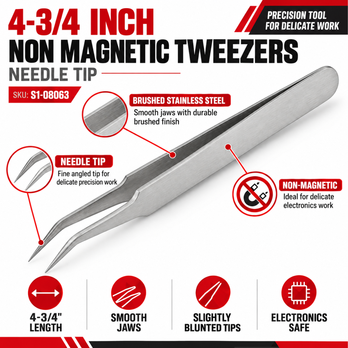 4-3/4 Inch Non-Magnetic Precision Tweezers with Needle Tip, Brushed Stainless Steel, Smooth Jaws for Electronics, Jewelry & Delicate Work – S1-08063