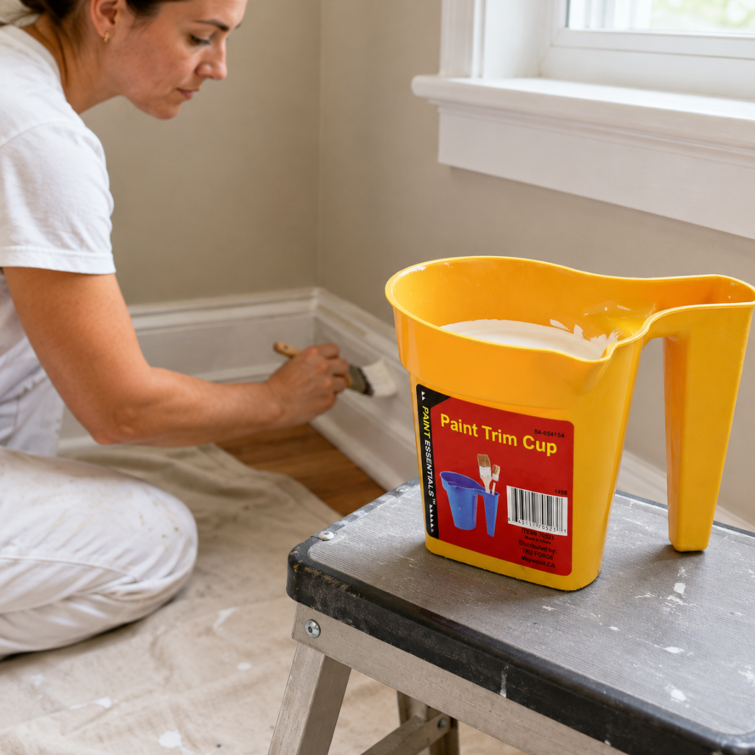 Paint Trim Cup with Pour Spout & Brush Holder – 5 Inch Lightweight ABS Plastic Paint Cup for Touch-Ups, Trim, Crafts & Small Painting Projects – LHEN-PAT