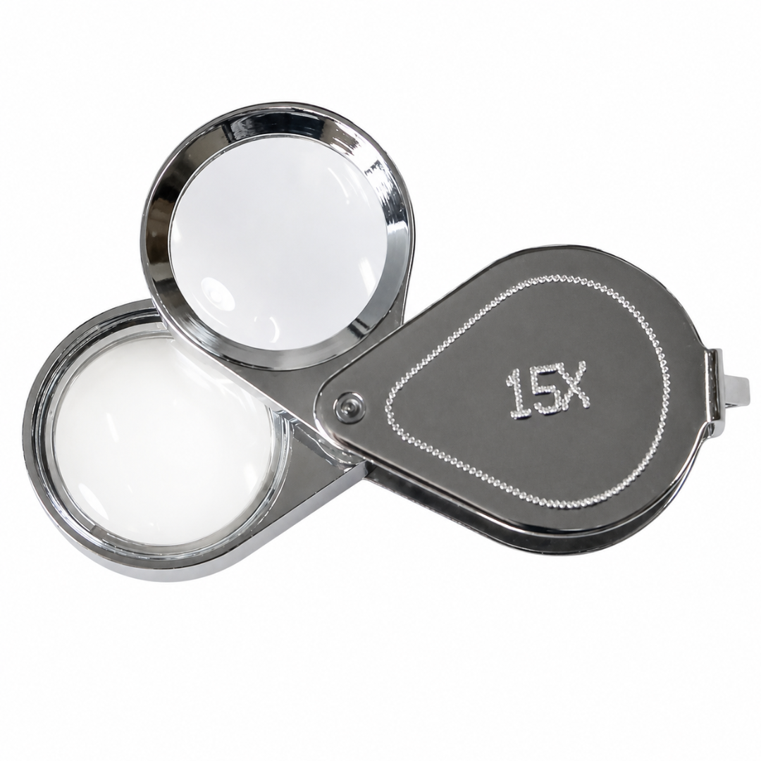 Double Lens Jeweler’s Loupe 15X & 20X Magnifier, Chrome Plated Folding Pocket Loupe with Dual Glass Lenses, Combined 35X Magnification, Leatherette Snap Pouch for Jewelry, Coins, Stamps, Watches – MG-45201