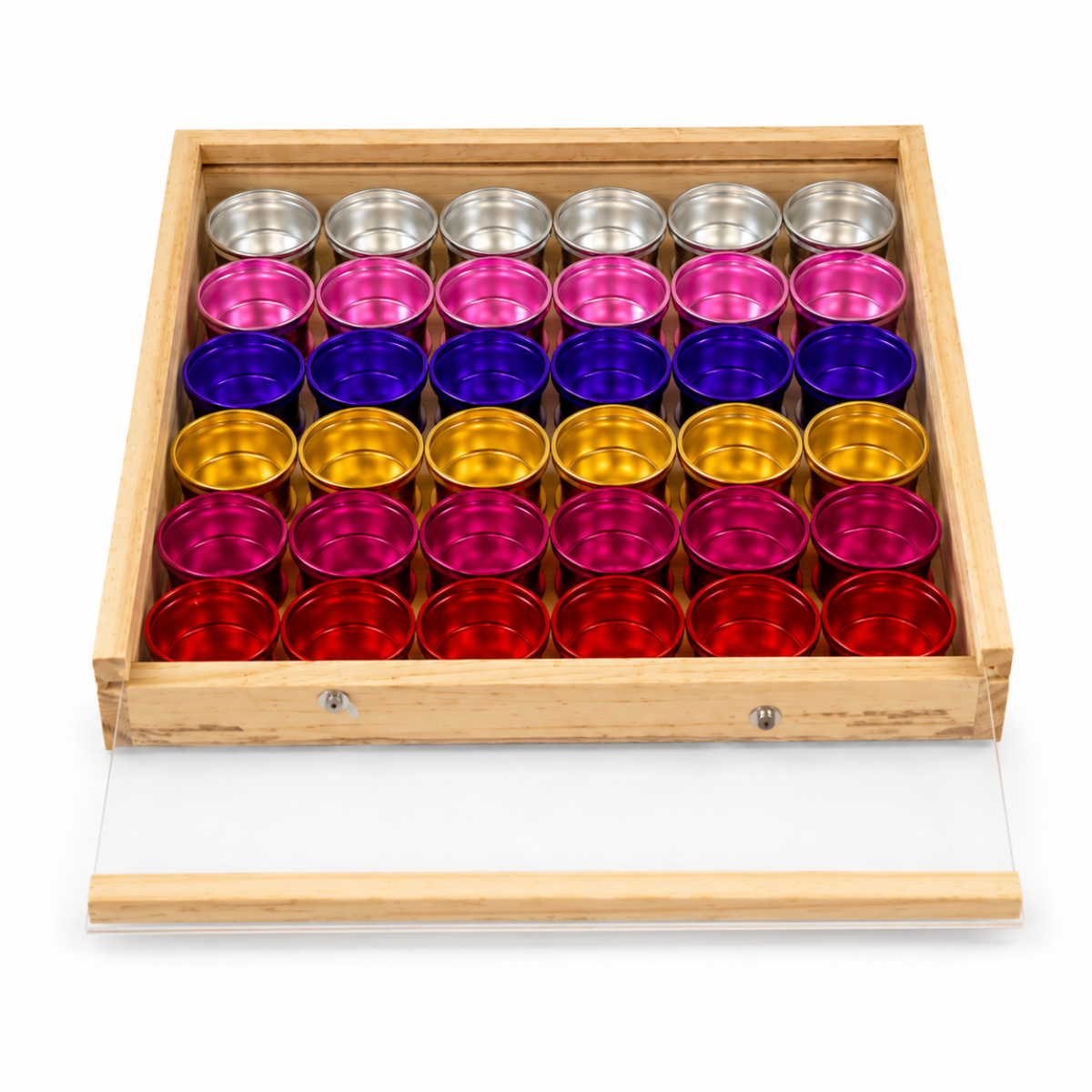 24 Piece Multi-Color Aluminum Storage Container Set with Clear Lids, 1.5 Inch Round Jars in Wooden Display Box, Small Organizer Tins for Gems, Beads, Coins, Crafts, Findings & Small Parts