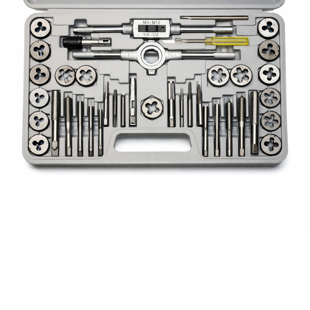 40-Piece Tap and Die Set – Metric & SAE Threading Tool Kit – Alloy Steel Taps, Dies, Tap Wrenches & Die Stock in Custom Carrying Case