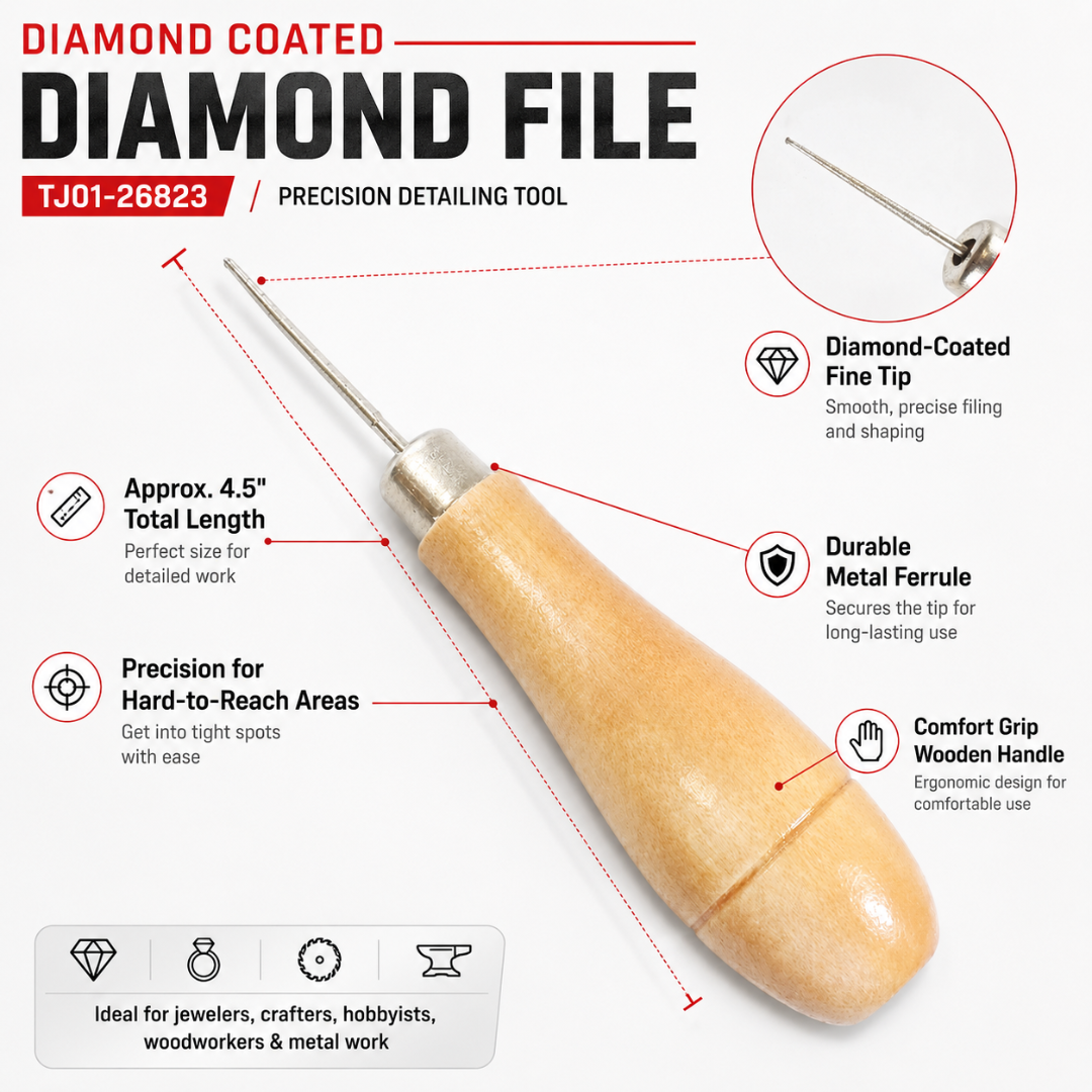Diamond Needle File with Wooden Handle, 4.5 Inch Precision Detail File for Jewelry Making, Crafts, Woodworking, Metalworking, Hobby Repair & Fine Finishing