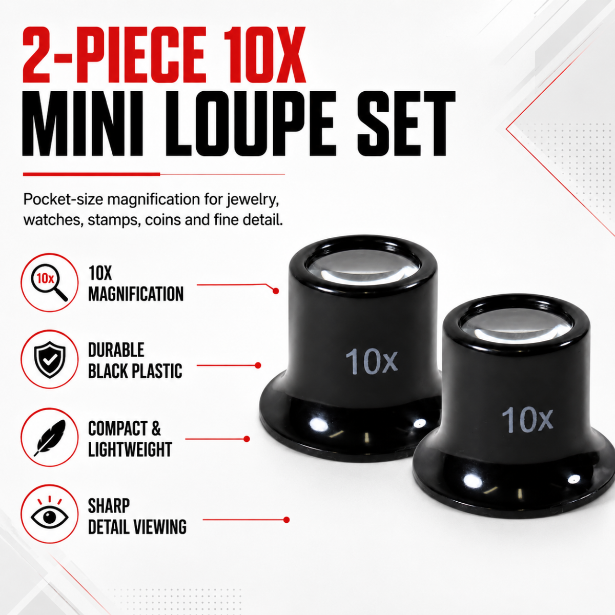2-Pack 10X Mini Eye Loupe Magnifiers, 13/16-Inch Visible Lens, Pocket-Size Black Plastic Jeweler's Loupes – MG-00920-Z02