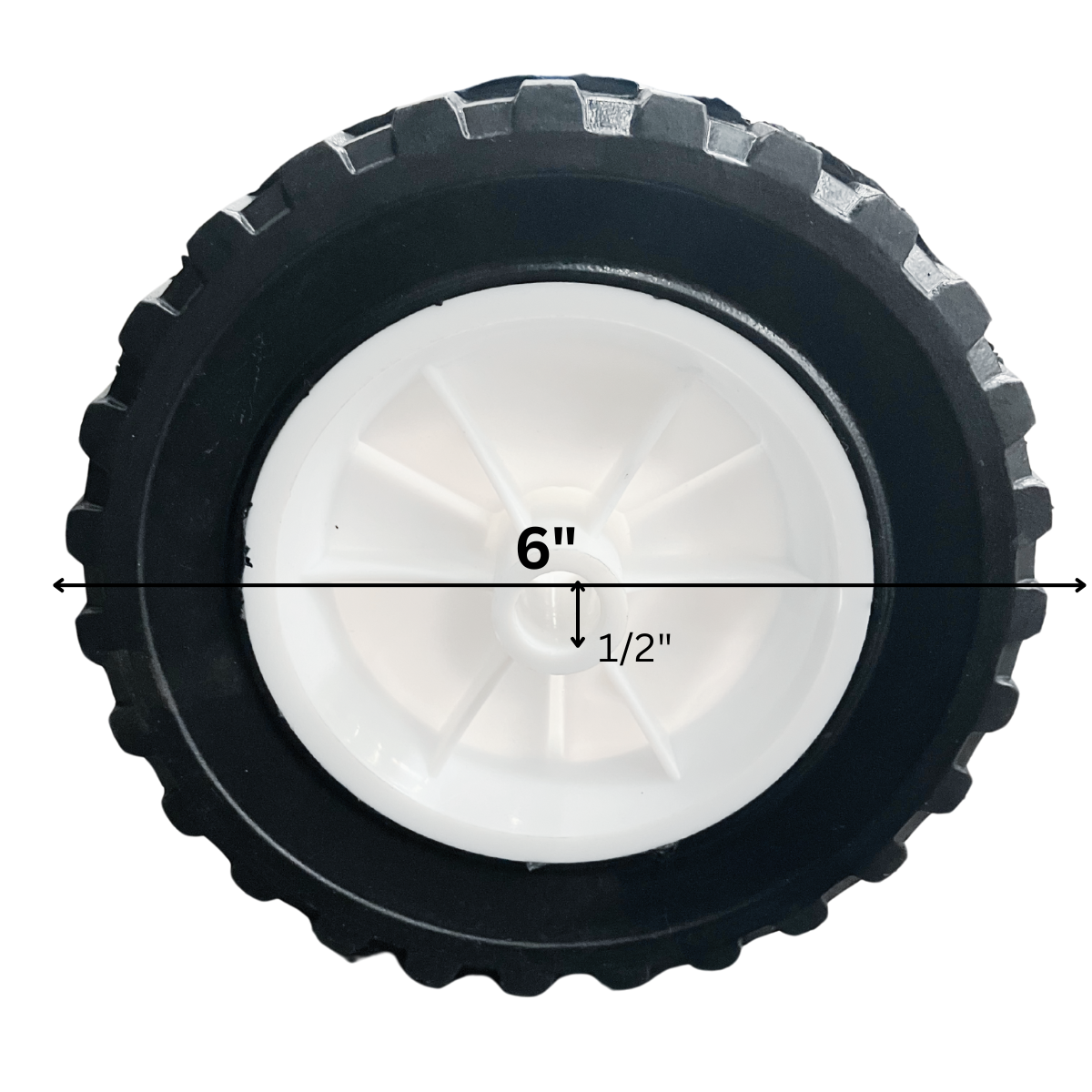 6" Plastic Hub Solid Rubber Tire – 6" Diameter x 1.5" Width, 1/2" Bore – Flat-Free Wheel for Lawn Carts, Wagons, Yard Equipment, and Light Utility Carts – Durable Treaded Tire