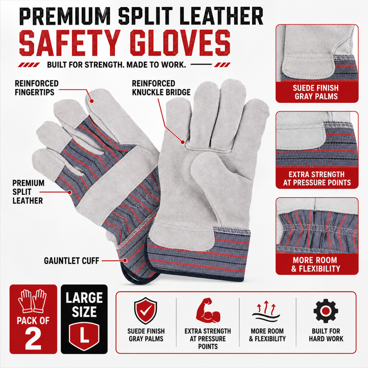 Men’s Premium Split Leather Work Gloves, Reinforced Fingertips & Knuckles, Gauntlet Cuff, Large, Gray – Heavy Duty Safety Gloves, 2 Pack – GL-04502-Z02