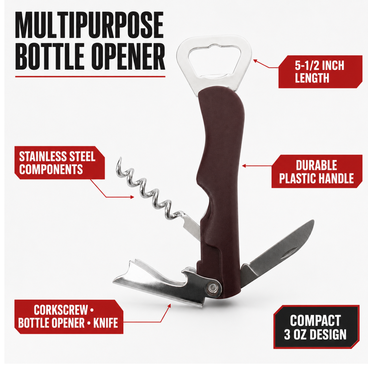 5-1/2 Inch Multipurpose Bottle Opener with Corkscrew and Folding Knife Blade, Stainless Steel Components, Compact Pocket Bar Tool for Wine, Beer and Soda Bottles, Burgundy Handle