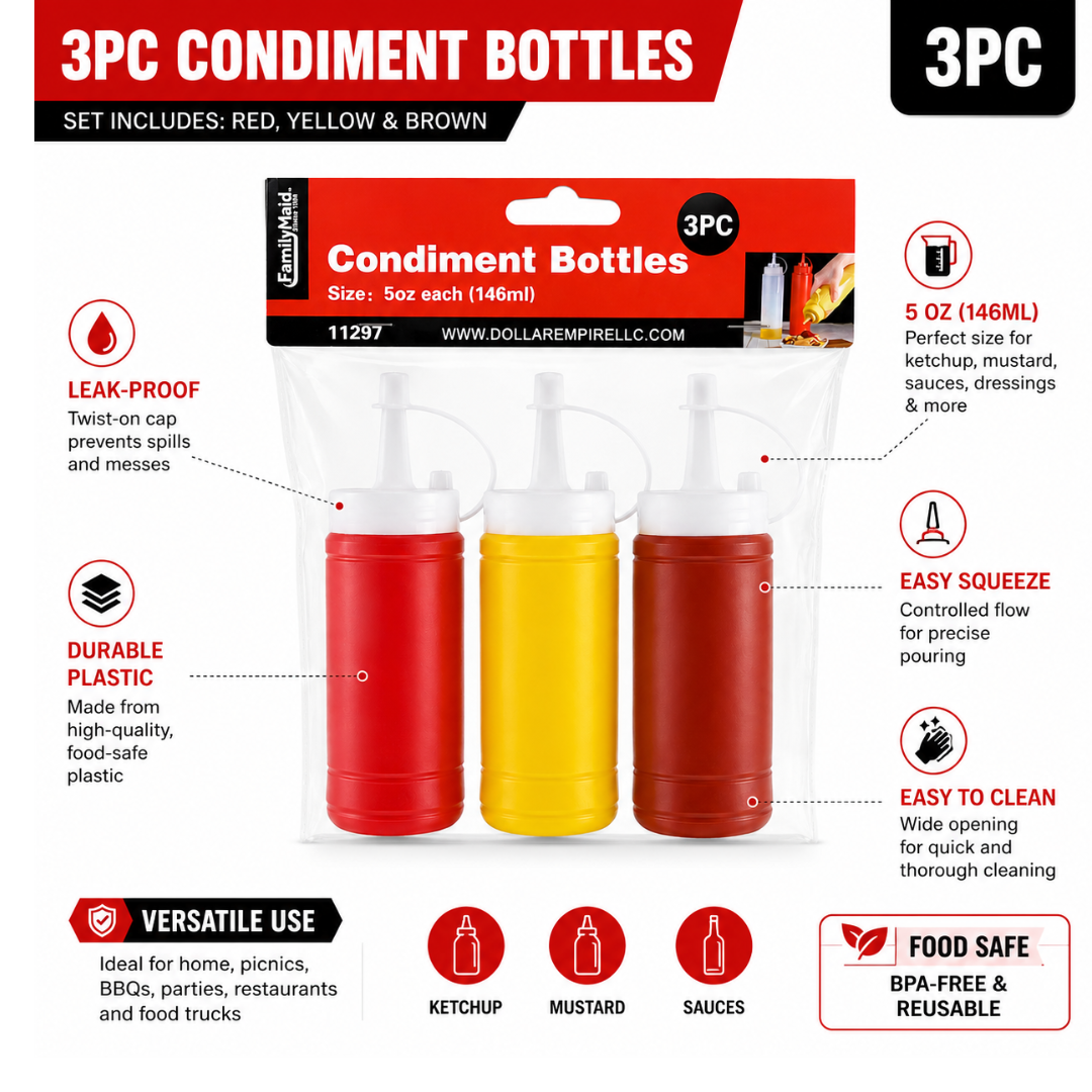 Condiment Squeeze Bottles, 5 oz Plastic Sauce Dispensers with Attached Nozzle Caps, Reusable Bottles for Ketchup, Mustard, Dressings and BBQ Sauce, Red Yellow Brown, 3-Pack