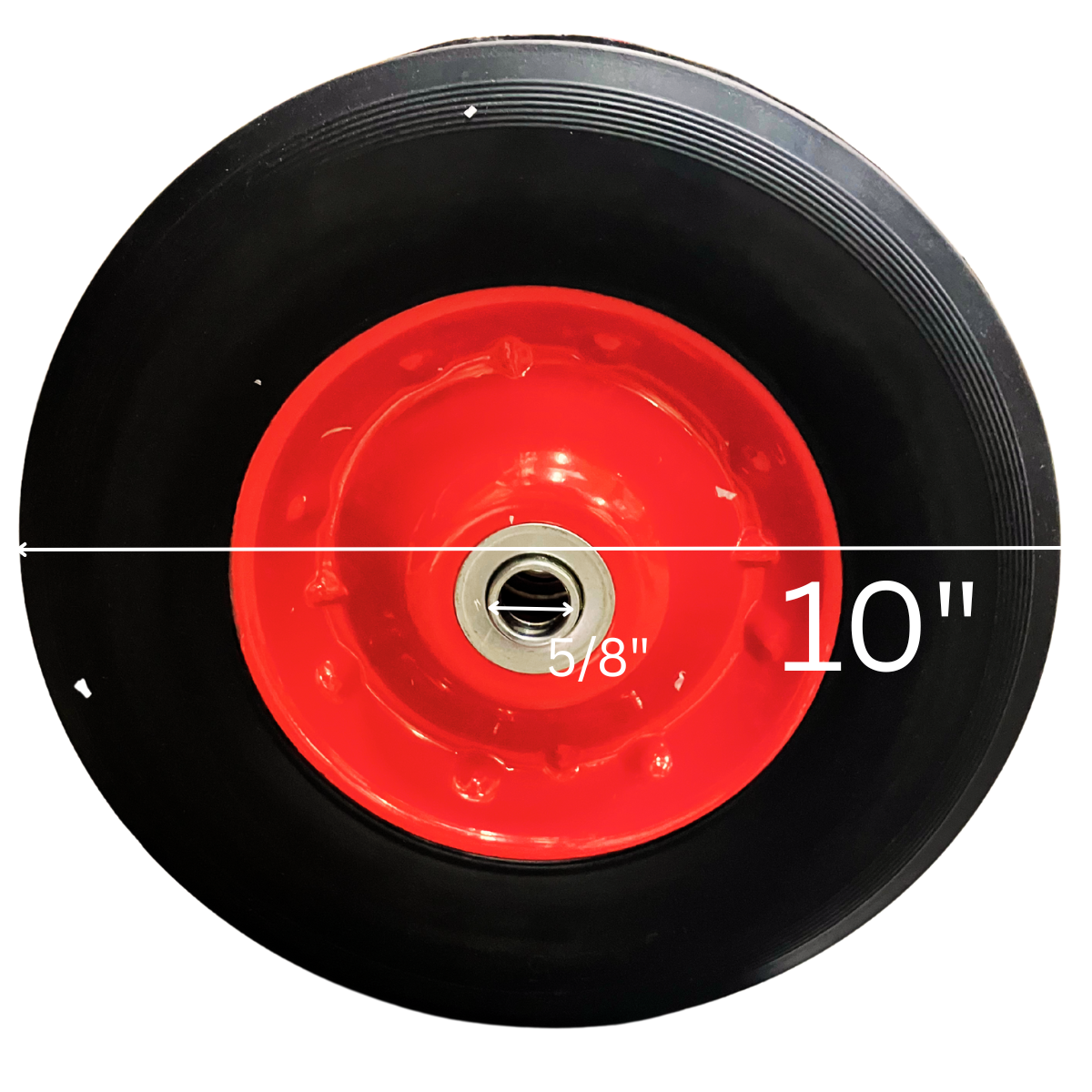 10" Solid Rubber Tire with 5/8" Bearing – Heavy Duty Flat-Free Wheel for Hand Trucks, Carts, Dollies, and Equipment – Durable Rubber Tread with Red Steel Hub – 10" Diameter