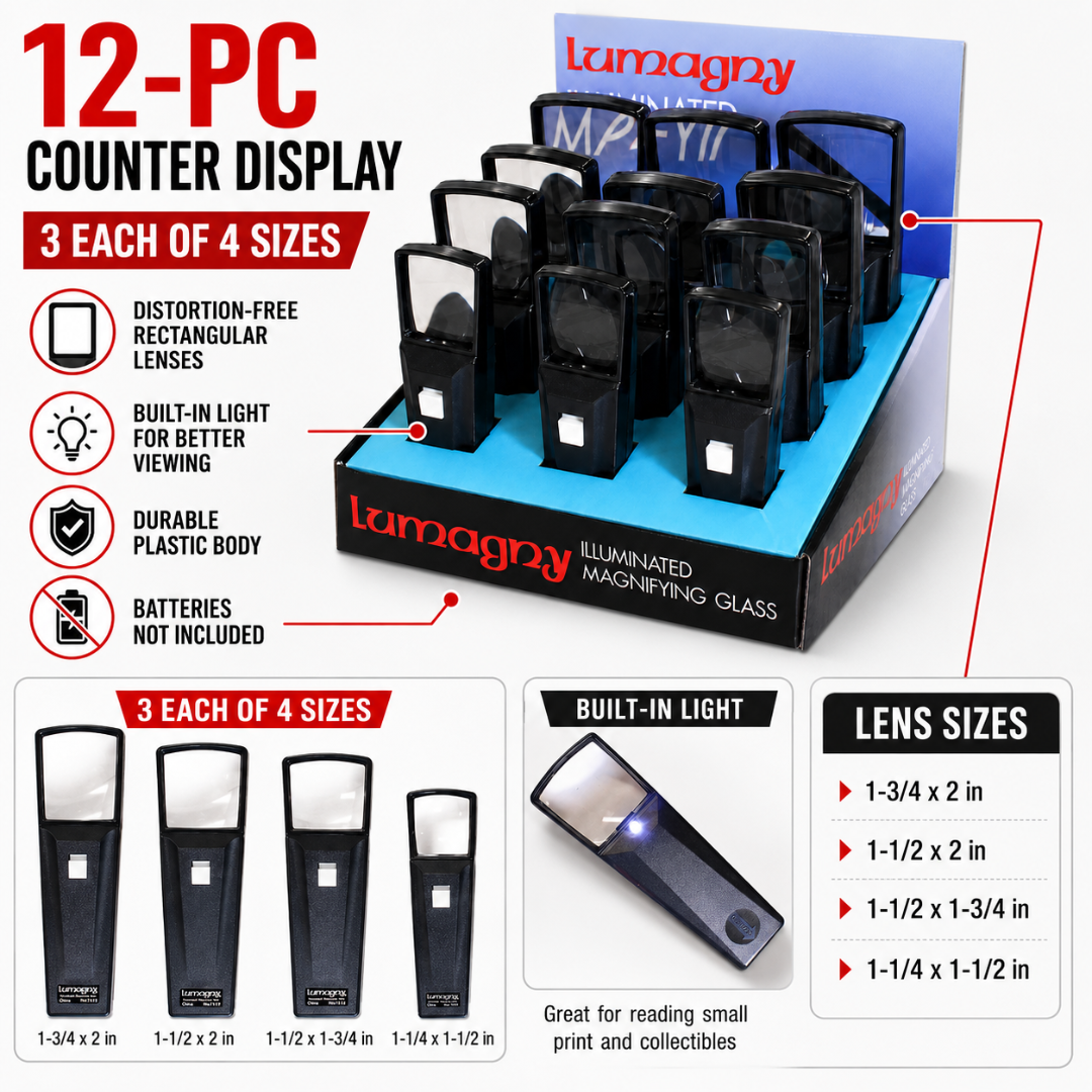 LUMAGNY 12 Piece Rectangular Illuminated Magnifier Display, 2X Lighted Magnifying Glass Assortment, Countertop Display with 4 Lens Sizes for Reading, Small Print, Collectibles, Hobbies, Jewelry & Inspection