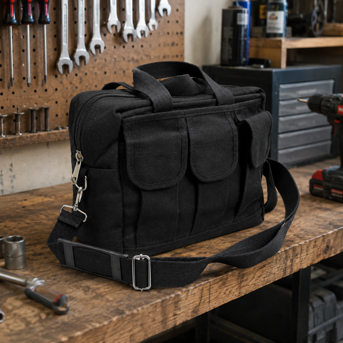 Heavy Duty Canvas Tool Bag with Removable Adjustable Shoulder Strap, 12" Multi-Pocket Utility Carry Bag for Tools, Crafts, Travel, Camera Gear, and Supplies