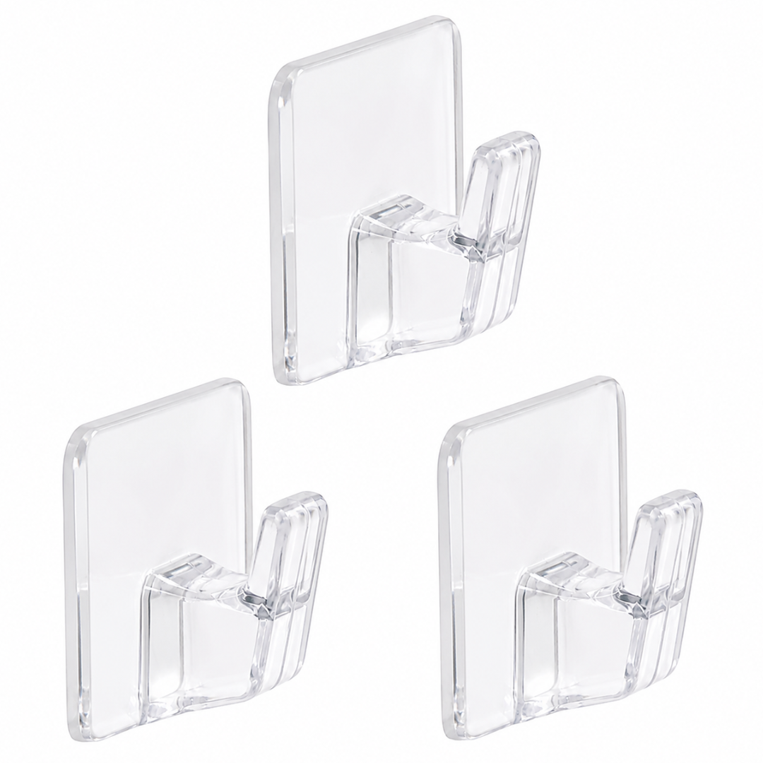 Small Clear Adhesive Hooks, 3 Pack – Transparent Plastic Peel & Stick Wall Hooks for Kitchen, Bathroom, Office, Dorm, Closet & Home Organization, Holds up to 1 lb