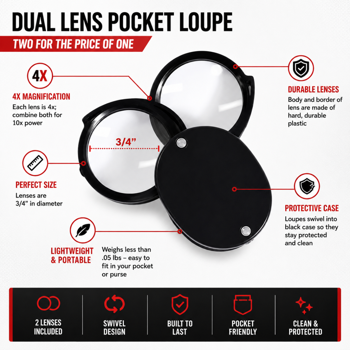 Double Lens Pocket Magnifier Loupe, 4X Each Lens, Combined 10X Power, Foldable Swivel Case, Pack of 2