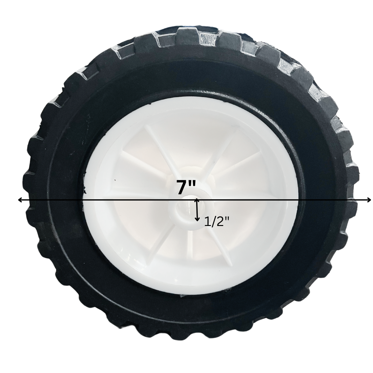 7" Plastic Hub Solid Rubber Tire – 7" Diameter x 1.5" Width, 1/2" Bore – Flat-Free Wheel for Lawn Carts, Wagons, Yard Equipment, and Light Utility Carts – Durable Treaded Tire (Copy)