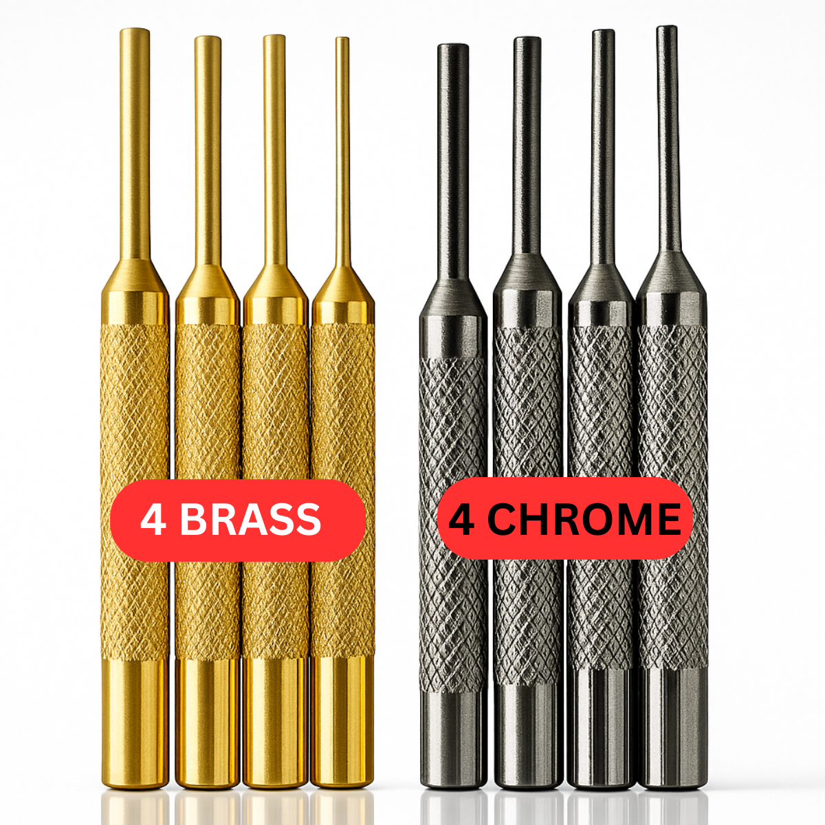 8 Piece Assorted Drive Pin Set | Brass & Steel | Stand with Lid Included