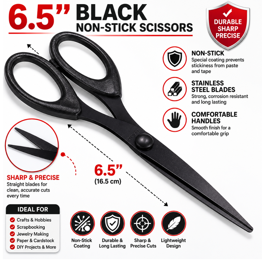 6.5 Inch Non-Stick Craft Scissors, Black Stainless Steel Precision Scissors for Scrapbooking, Tape, Paper, Jewelry Making, Hobbies & DIY Projects, Ambidextrous Handles, Pack of 2