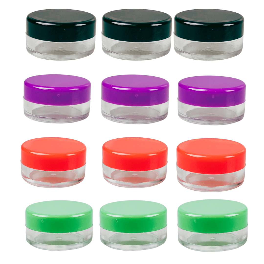 12 Clear Plastic Jars with Colored Lids - Size - 25 Mil  - TJ8625-COL