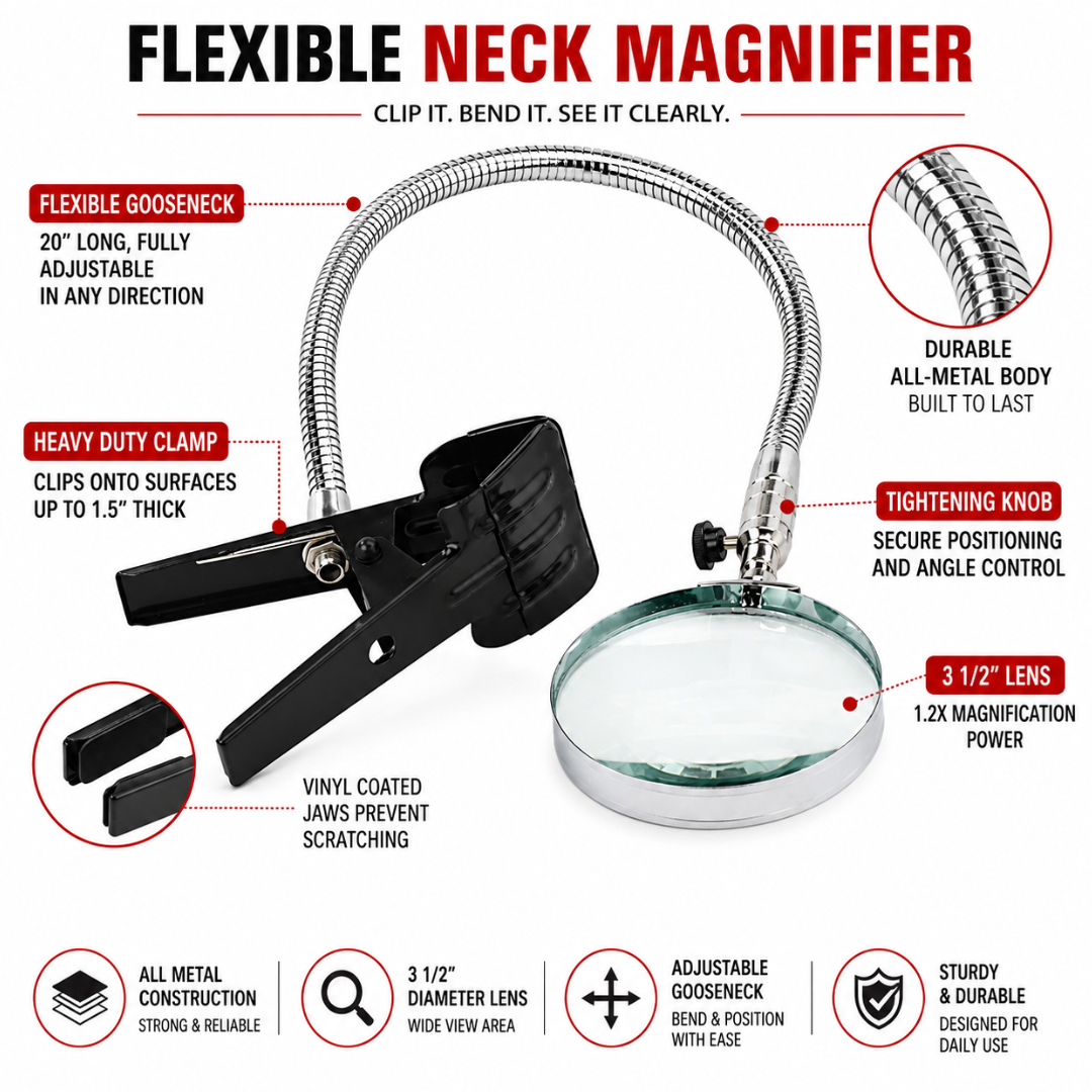 3.5-Inch Glass Magnifier with Flexible Gooseneck & Heavy Duty Table Clamp, Metal Frame Desk Magnifying Lens for Reading, Crafts, Jewelry, Electronics & Hobby Work