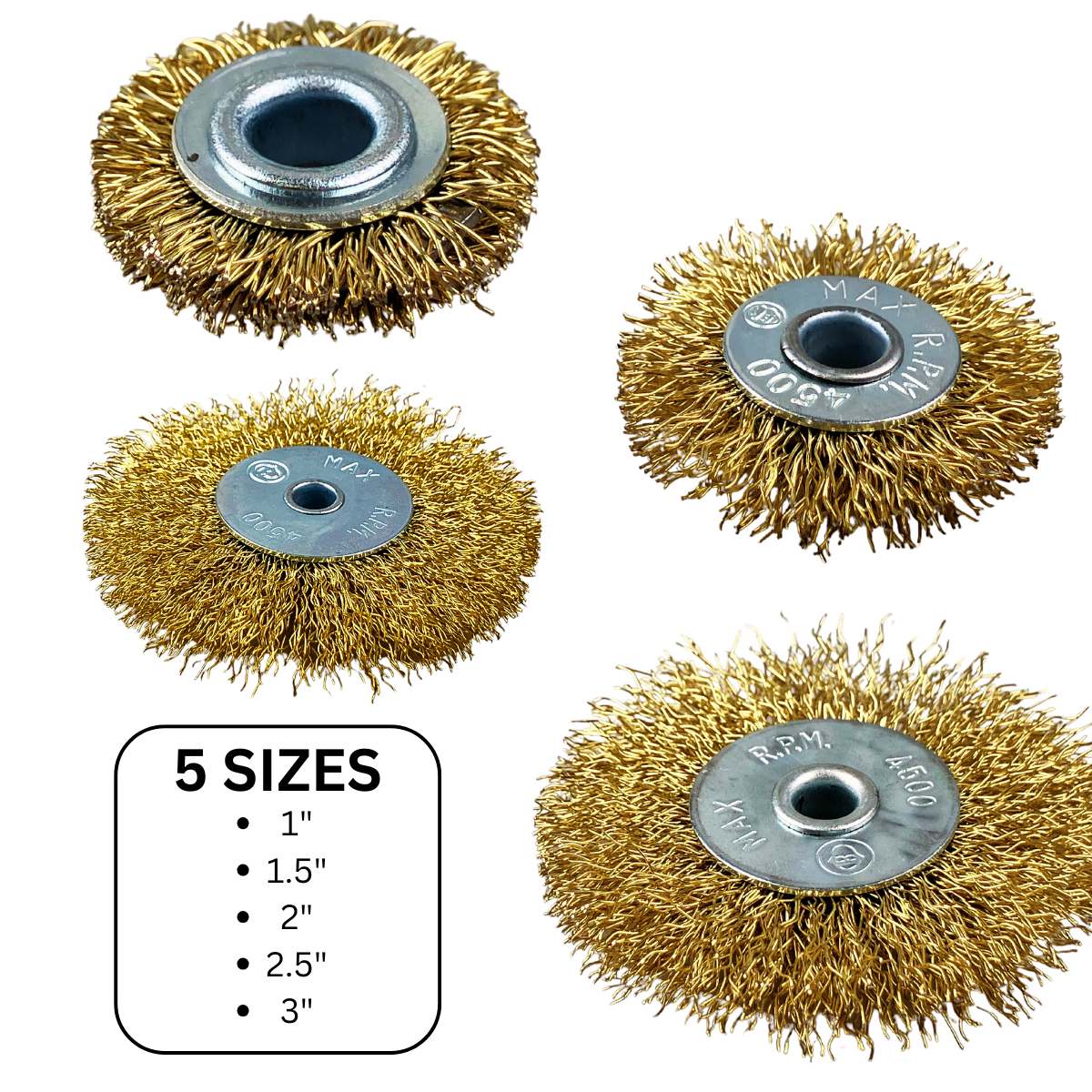5-Pc Brass Wire Wheel Set | 1" to 3" (2.54 cm to 7.62 cm) Diameter | Includes 3 Shanks | for Standard Drills
