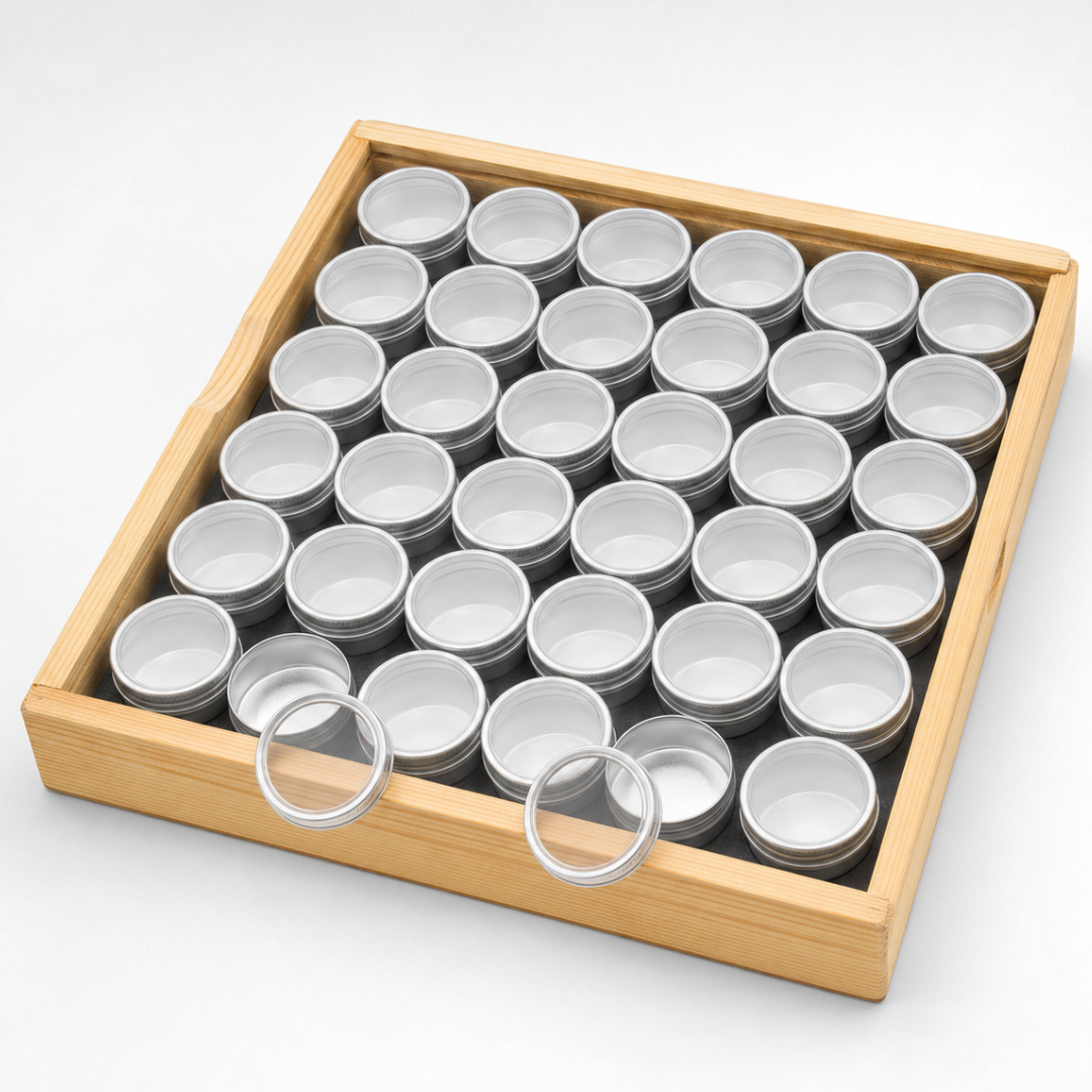 30-Piece Aluminum Gem Jar Display Case Set, 1-5/16 Inch Round Containers with Clear Lids and Wooden Storage Tray for Beads, Stones, Jewelry Parts and Small Items