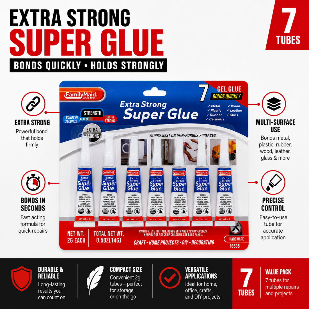 Extra Strong Gel Super Glue, 7-Pack of 2g Tubes, Fast-Bonding Multi-Surface Adhesive for Metal, Plastic, Rubber, Ceramic, Wood, Leather and Glass, 0.5 oz Total