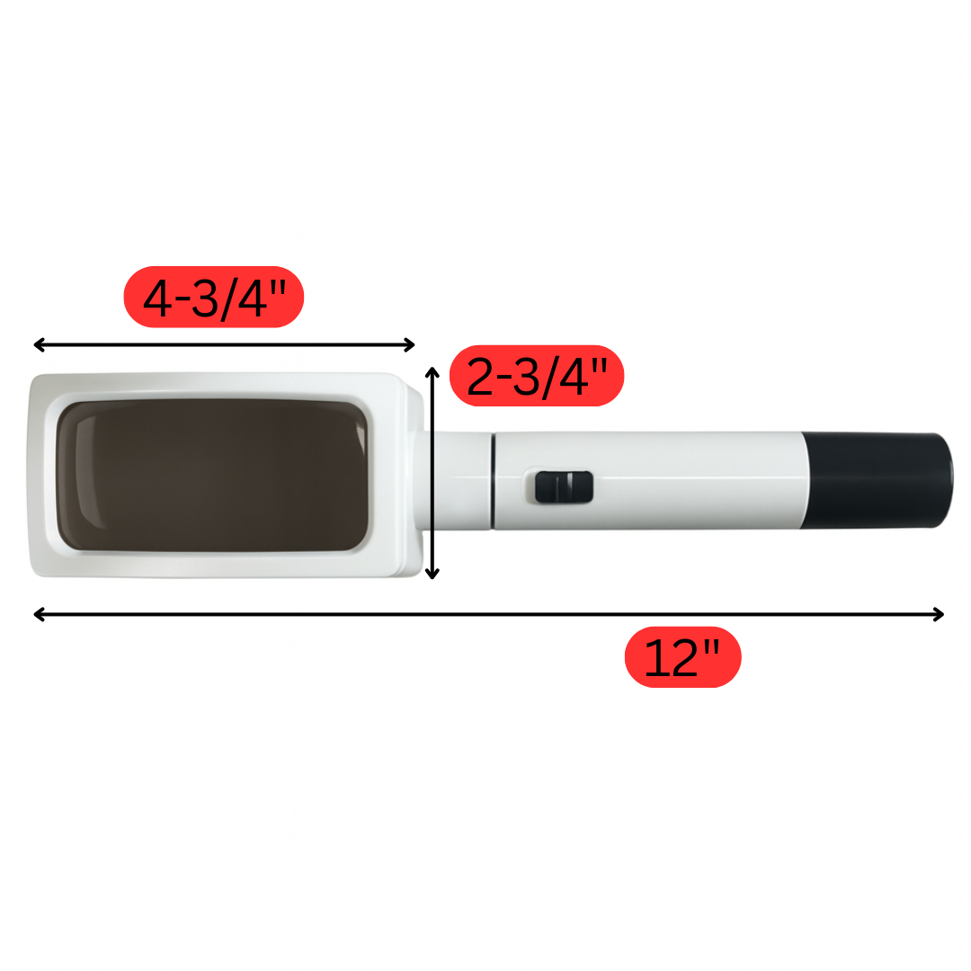 3X Illuminated Rectangular Magnifier with Halogen Light – 12" Long Handheld Magnifier with 4" x 2" Lens, Swivel Head, Bright Illumination for Collectors, Crafters, Hobbyists – MG-07715