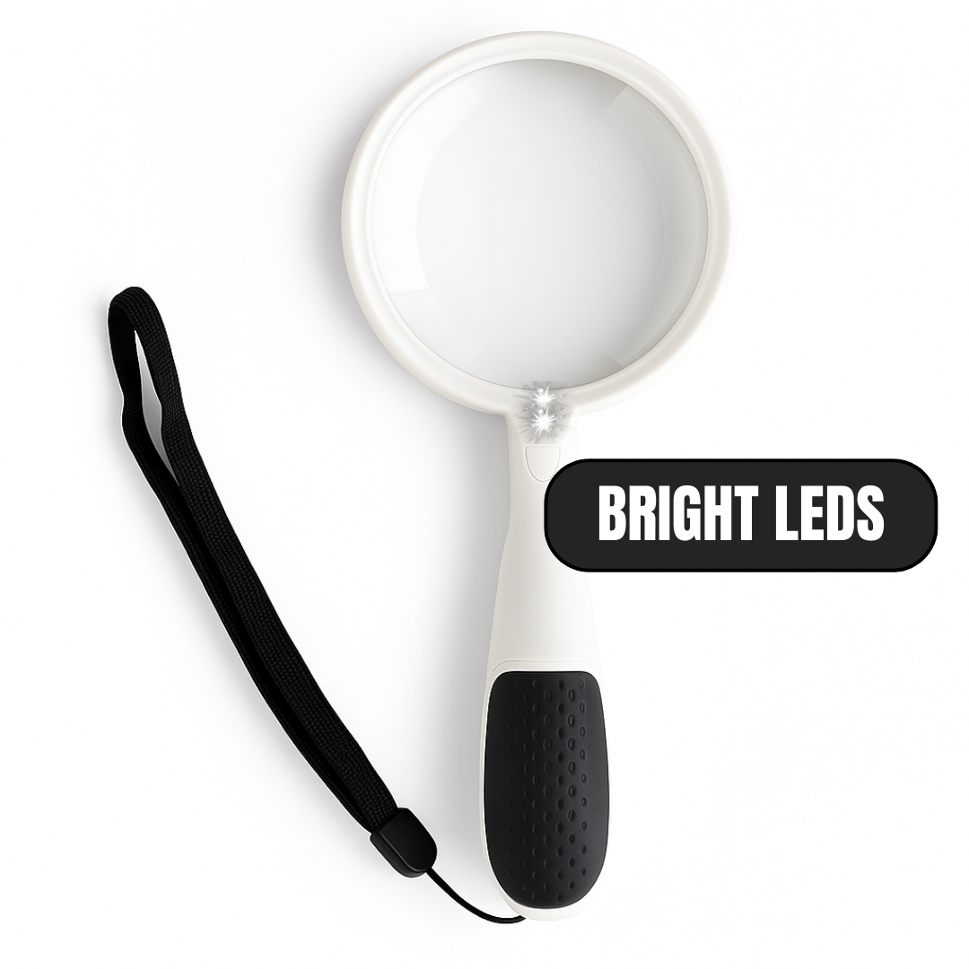 Handheld LED Illuminated Magnifier – 3.5" Aspheric Lens, 3X Large + 5X Small Lens, 2-Way LED Light, Ergonomic Grip – Requires 2 AAA Batteries