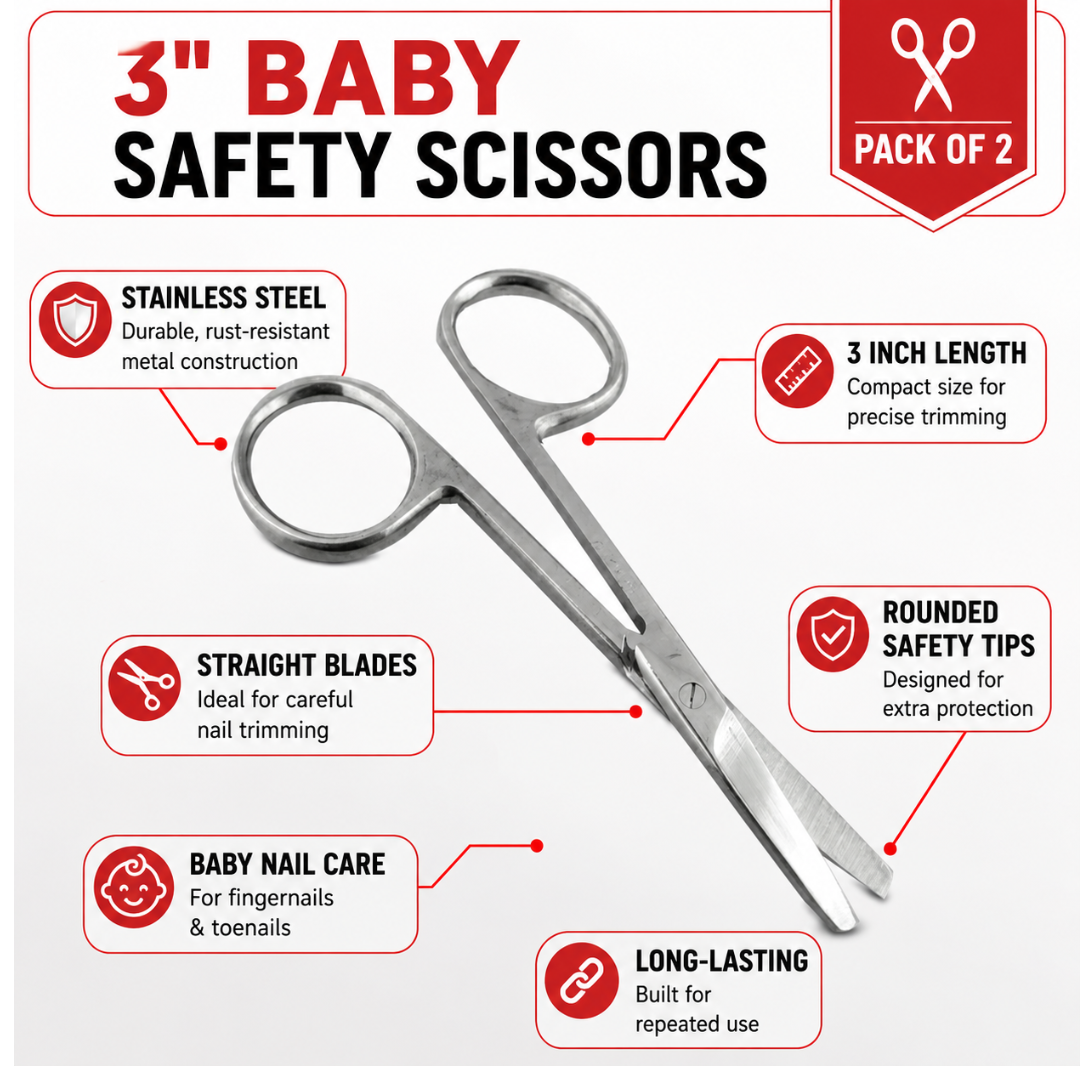 3 Inch Baby Safety Scissors – Stainless Steel Rounded Tip Nail Scissors for Infants & Adults, Pack of 2