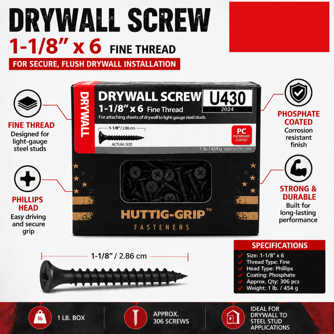 Drywall Screws 1-1/8 Inch x 6 Fine Thread – Phosphate Coated, 1 lb Box (Approx. 306 pcs) – Huttig-Grip Fasteners