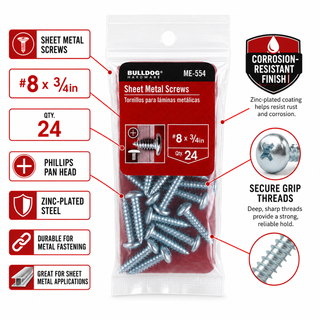 2 Pc. #8 x 3/4 Inch Sheet Metal Screws, Phillips Pan Head, Zinc-Plated Steel Fasteners, 24 Pack, Rust-Resistant Screws for Metal, Wood, Plastic & DIY Repairs