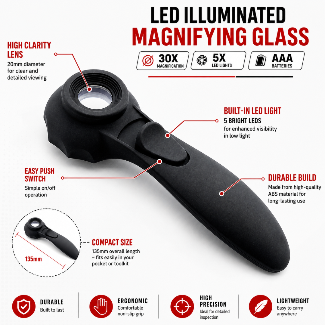 6.25" LED Illuminated Jeweler’s Magnifier – 30X Power, 20mm Lens, 6 Ultra Bright LEDs, Dual Light Mode, Lightweight Handheld Loupe for Jewelry, Coins, Inspection – Black (MG-002720)