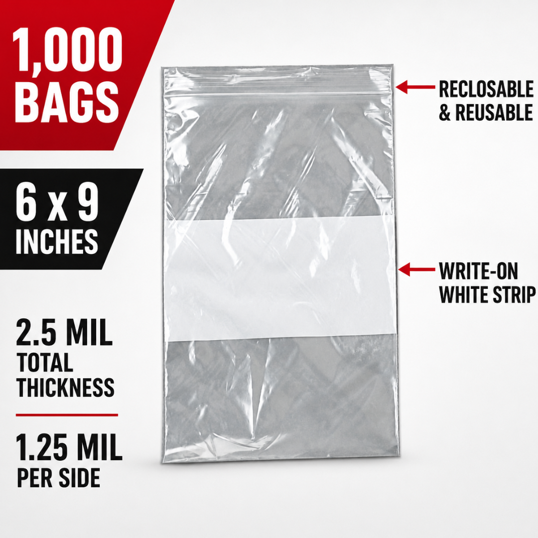 1000-Count 6 x 9 Inch Resealable Plastic Bags with White Write-On Labeling Strip, 1.25 Mil per Side, Reusable Storage Bags for Parts, Crafts and Organization