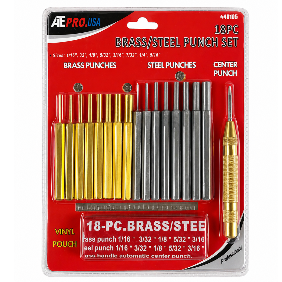 17 Pc Brass & Steel Punch Set with Automatic Center Punch – Pin Punch Set (1/16"–5/16") with 8 Brass Punches, 8 Steel Punches & Carrying Pouch – Gunsmithing, Automotive & Machining Tools