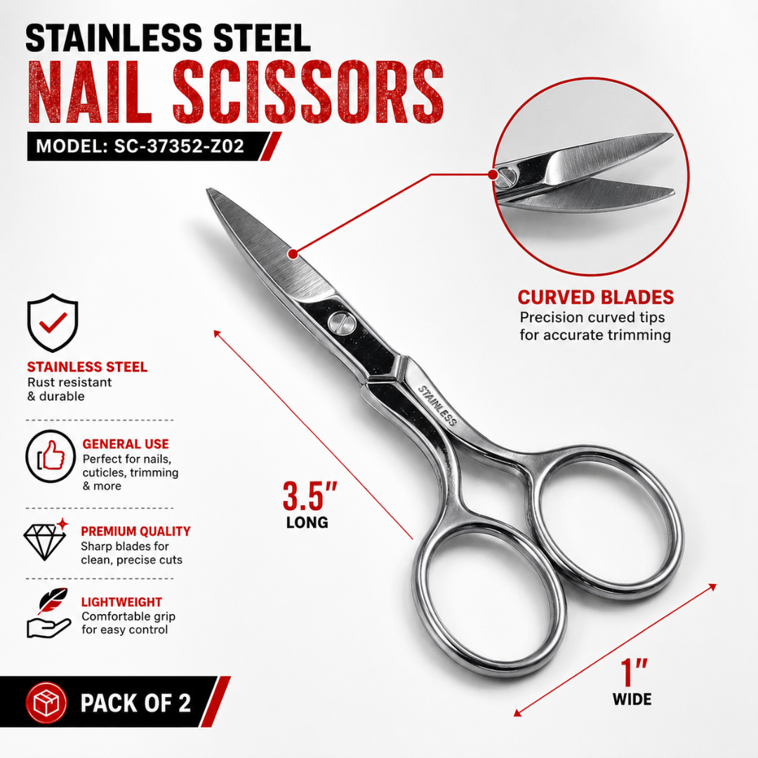 Stainless Steel Nail Scissors, 3.5 Inch Small Curved Blade Manicure Scissors for Fingernails, Toenails, Cuticles & Ingrown Nails, Vinyl Sleeve Included, Pack of 2 - SC-37352-Z02