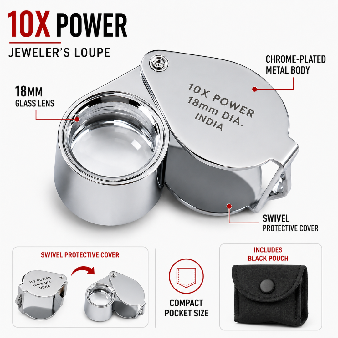 Chrome Jeweler’s Loupe 10X Magnifier with 18mm Glass Lens, Folding Pocket Jewelry Loupe with Swivel Protective Case and Black Storage Pouch for Gems, Coins, Stamps, Watches – MG1510-918