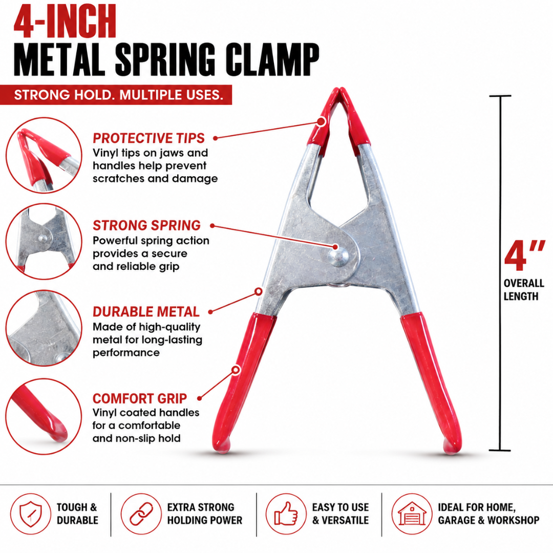 4-Inch Metal Spring Clamps, 12-Pack – Strong Spring Utility Clips with 1.25-Inch Jaw Opening & Protective Vinyl Tips for Tarps, Crafts, Garage, Home and Camping