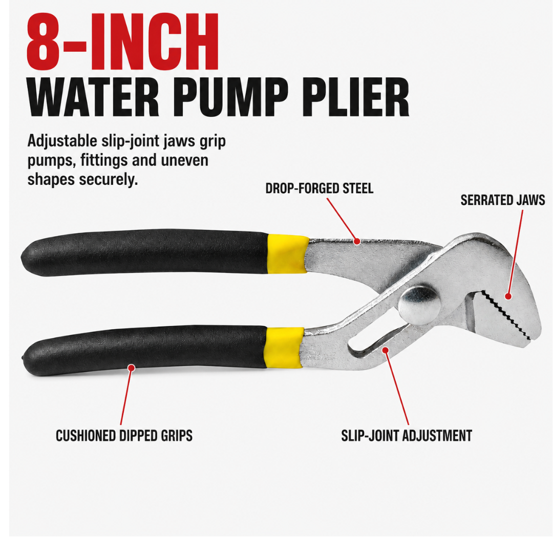 8-Inch Water Pump Pliers – Adjustable Slip-Joint Pliers with Serrated Jaws, Drop-Forged Steel Construction and Dipped Comfort-Grip Handles – TP-10213