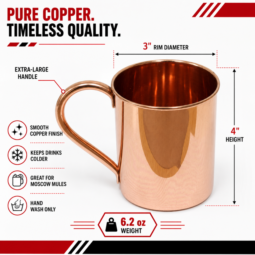 4 Inch Copper Moscow Mule Mug with Smooth Finish, Extra Large Handle, 3 Inch Rim Diameter, 6.2 oz Can Shaped Drink Cup for Cocktails, Bars, Restaurants & Home