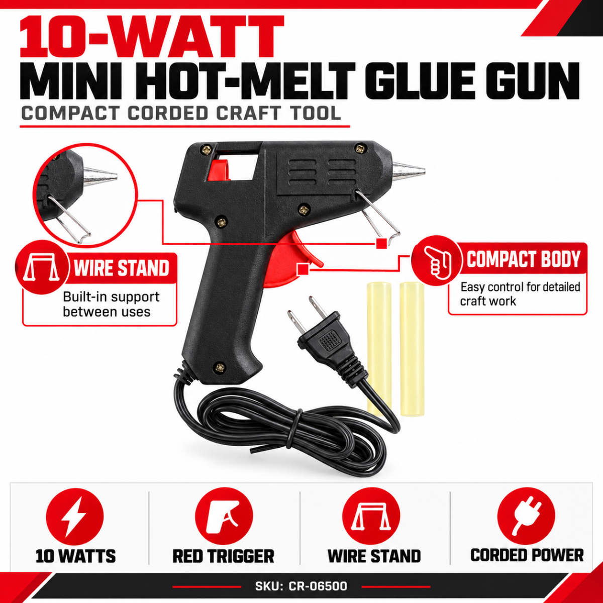 10 Watt Mini Hot Melt Glue Gun with Glue Sticks – Compact Crafting Glue Gun for DIY Projects, Decorations, Floral Arrangements & Repairs – CR-06500