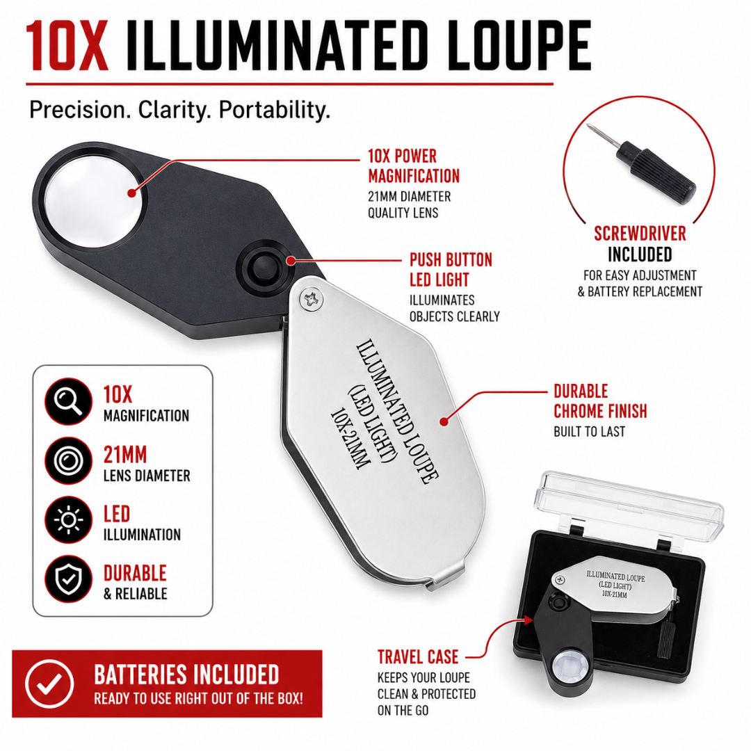 10X Jeweler’s Loupe with LED Light & Screwdriver Kit – 21mm Illuminated Magnifier for Jewelry, Coins, Gems, Stamps & Watch Repair – Chrome Finish Travel Set
