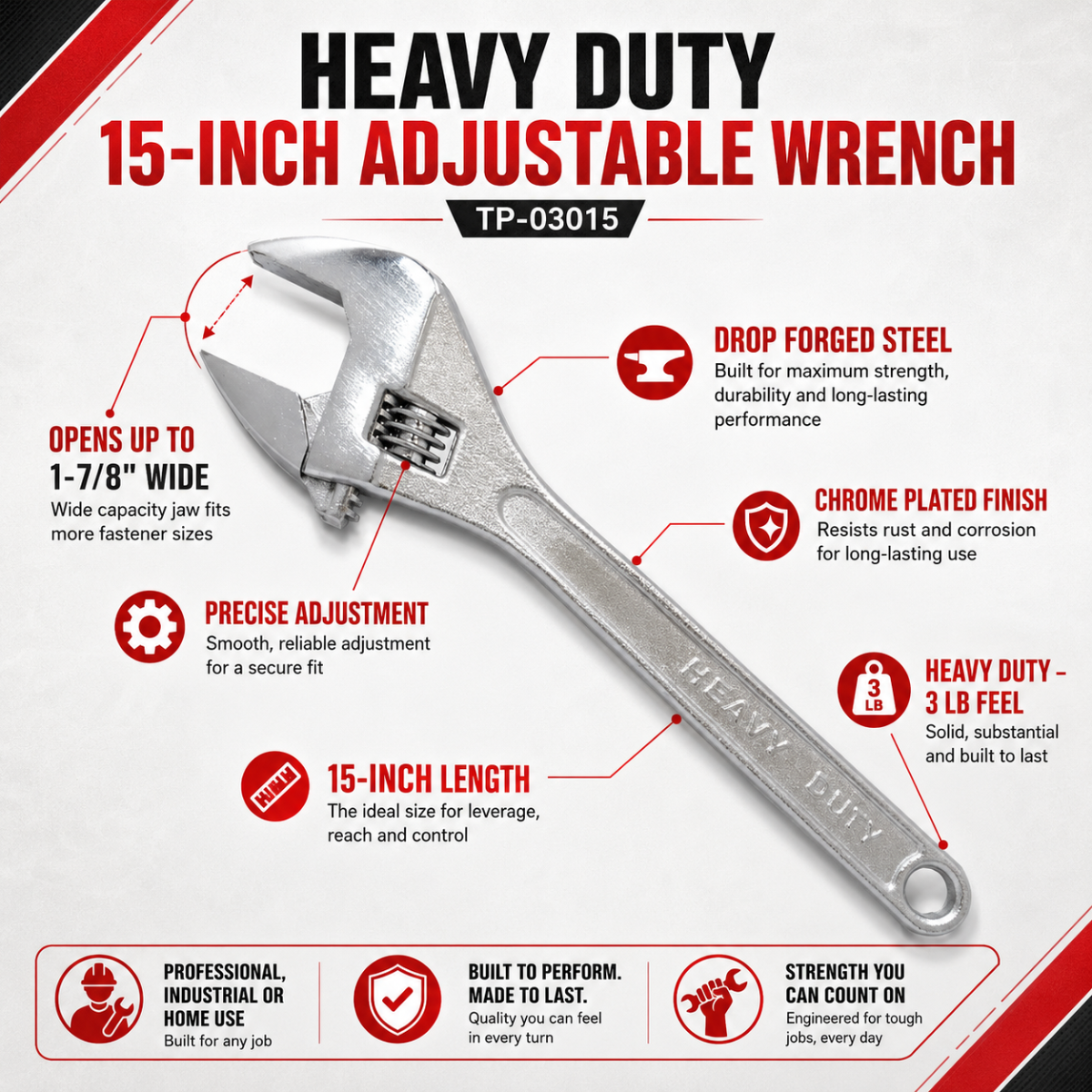 15-Inch Heavy Duty Adjustable Wrench, Drop Forged Steel Wide Jaw Wrench, 1-7/8-Inch Capacity, Chrome Plated, Industrial Plumbing and Automotive Tool