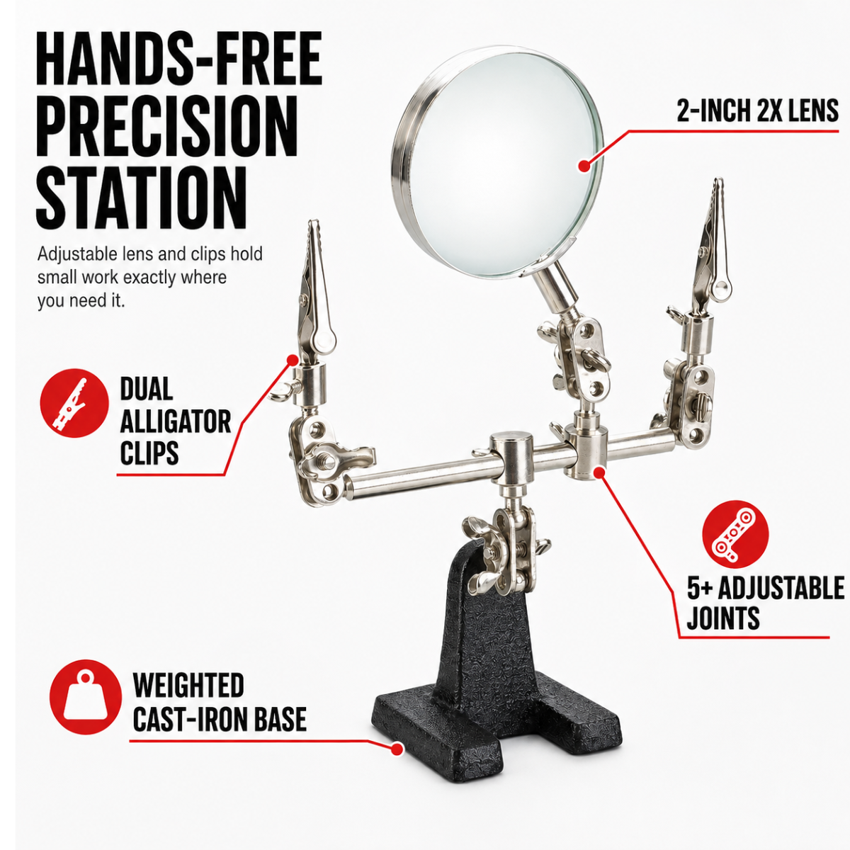 2X Helping Hands Magnifier with 2-Inch Lens, Adjustable Alligator Clips, Ball-and-Socket Joints and Weighted Cast Iron Base for Soldering – MG-08945