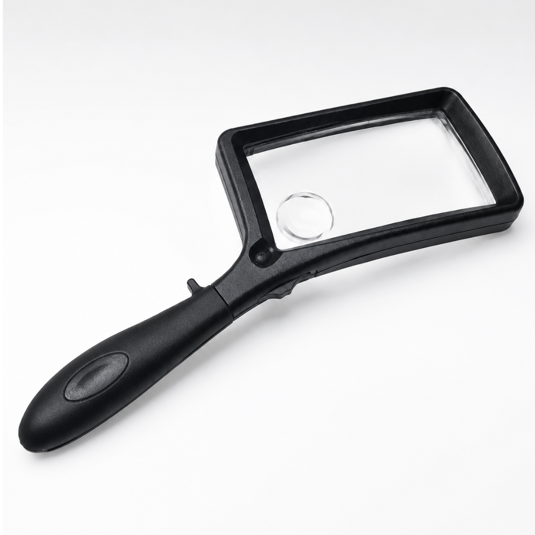100 × 50 mm Rectangular Handheld Magnifier with 2X Main Lens, 4X Diopter and LED Light – Lightweight Reading Magnifier with Rubberized Easy-Grip Handle – MG-07546