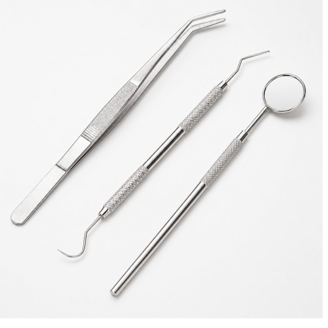3-Piece Precision Stainless Steel Tool Set with Inspection Mirror, Double-Ended Pick and Curved Tweezers, Textured Handles and Vinyl Case, 6-1/2 Inch