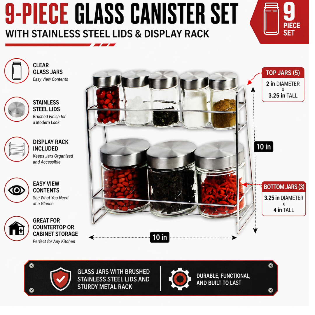 9-Piece Glass Canister Set with Stainless Steel Screw-On Lids & 2-Tier Display Rack – 8 Clear Food Storage Jars for Spices, Coffee, Sugar, Tea & Snacks – LKCO-69056