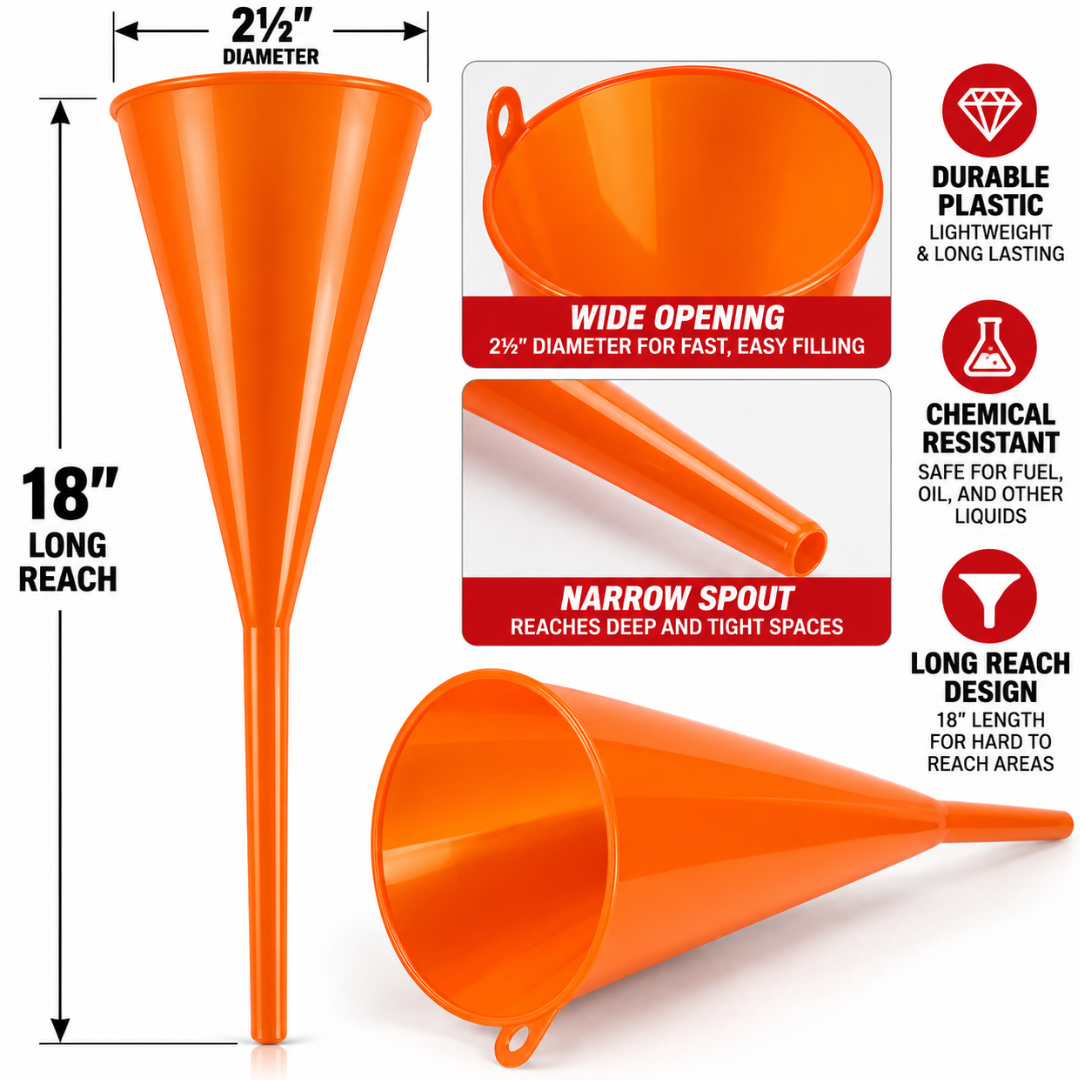 2 Pc. 18" Extra-Long Plastic Funnel with 5" Wide Mouth – Flute-Style Narrow Base for Oil, Gas, and Transmission Fluids