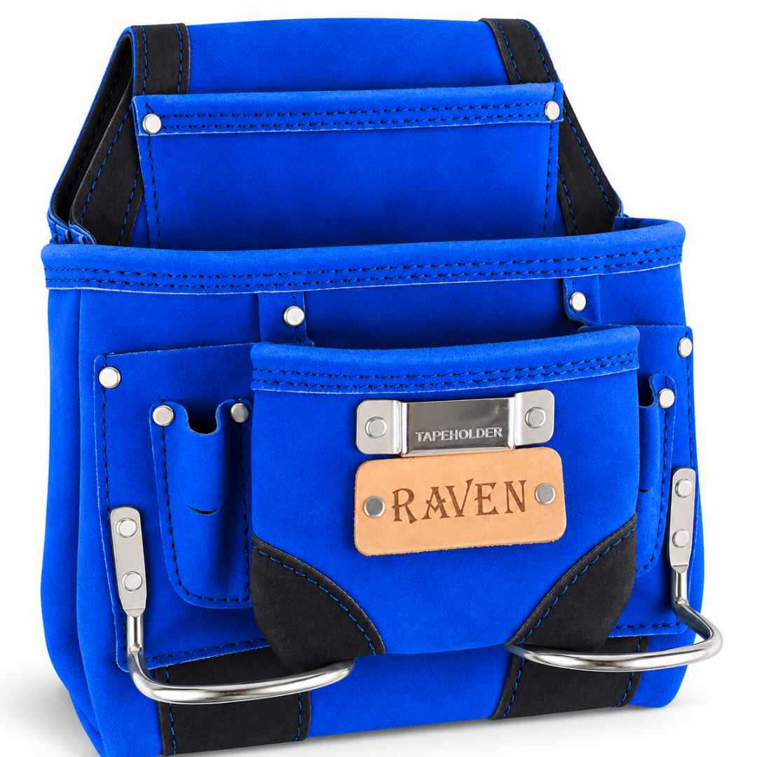 RAVEN Heavy Duty Suede Leather Tool Pouch, Multi-Pocket Carpenter Tool Holder with Dual Metal Hammer Loops, Tape Measure Holder, Reinforced Rivets & Belt Attachment, Blue