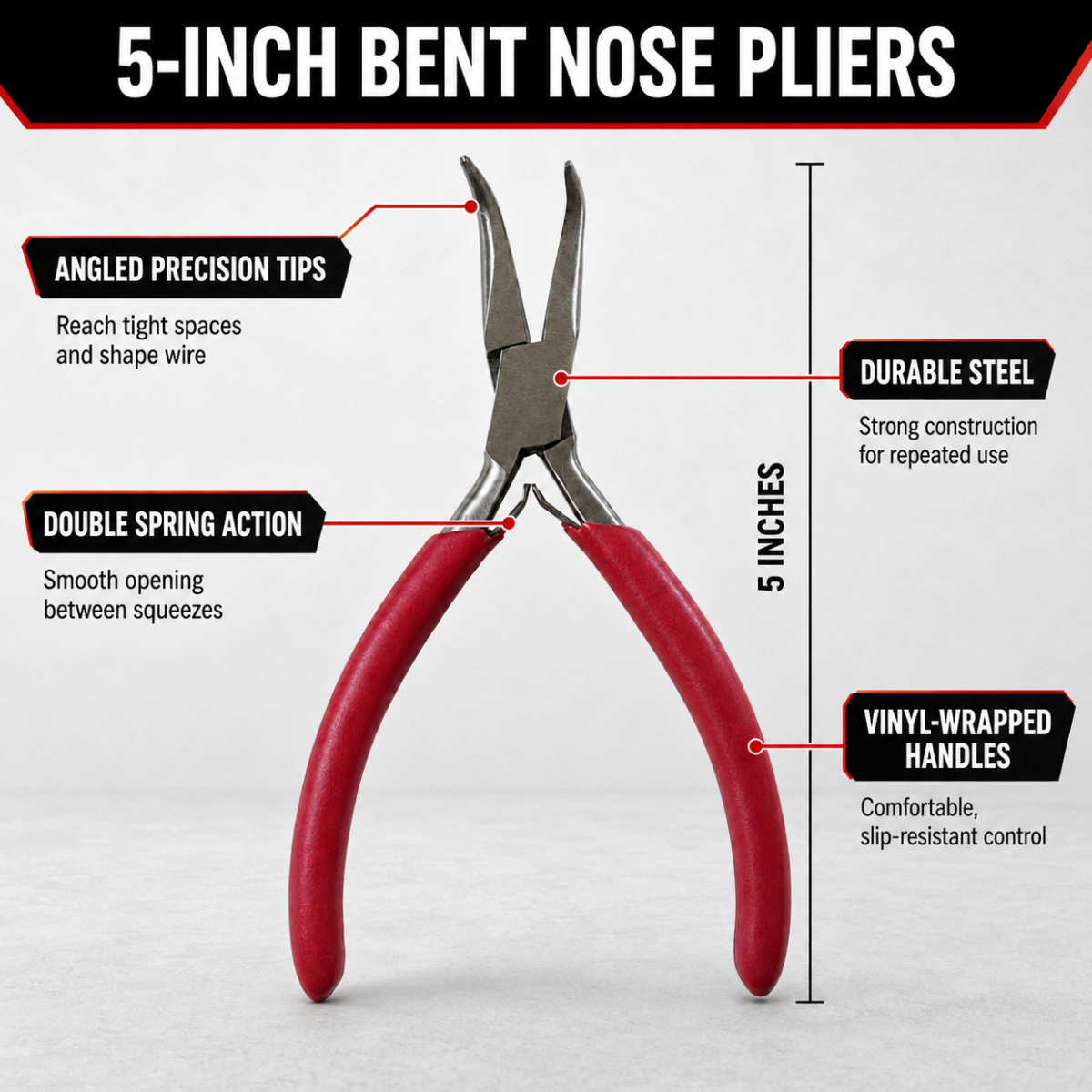 5-Inch Bent Long Nose Jewelry Pliers with Double-Spring Action, Steel Jaws and Vinyl Comfort Grips for Wire Bending, Beading and Crafts