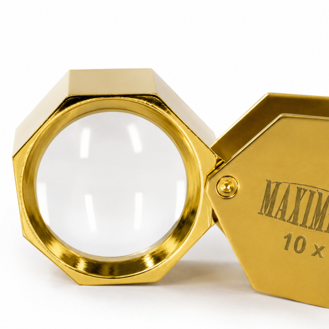 10X Gold Mini Jeweler’s Loupe Magnifier, Hexagonal Folding Frame, 18mm Glass Lens, Pocket Inspection Magnifying Tool with Spring Loop and Leatherette Pouch